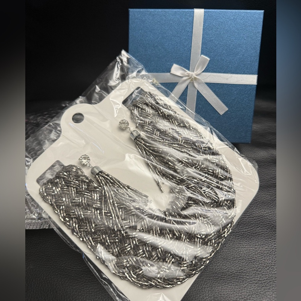 NIP Gunmetal Bead Bib Necklace, Matching Tassel Earrings and Gift/ Storage Box
